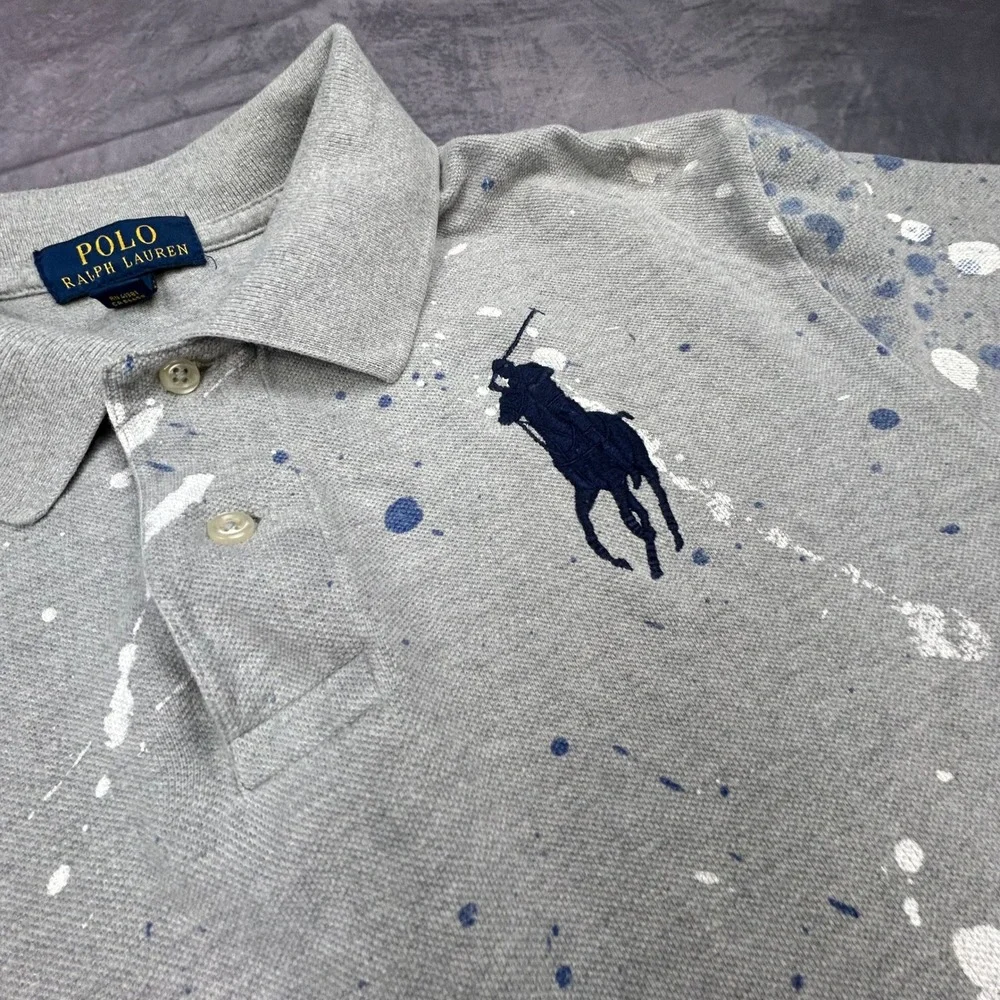 Polo Ralph Lauren Paint‎ Splatter Big Pony Polo Shirt Grey M Y2K Streetwear